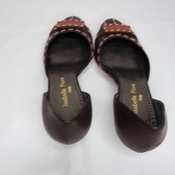 Isabella Fiore Leather Pumps 8 Brown Pink Embroidered Yarn Kitten Heel Open Side - Picture 5 of 9